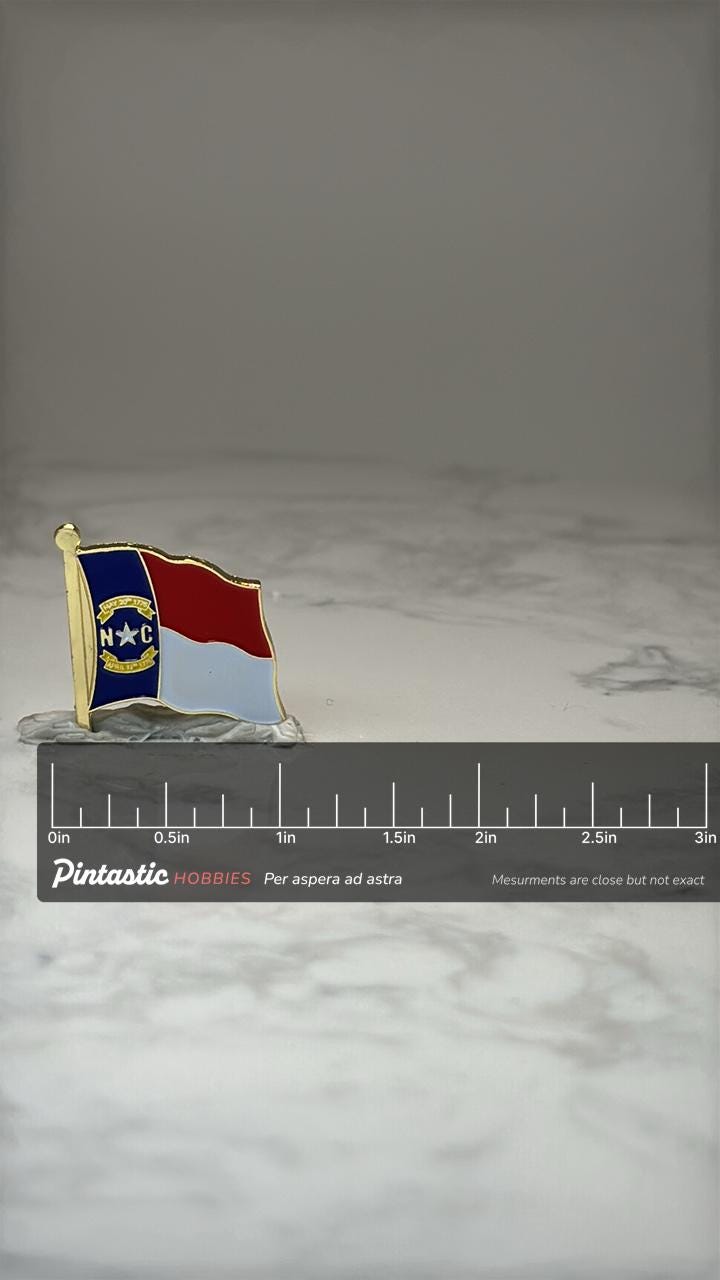 North Carolina State Flag Pin: Gold Tone Enamel - NC Souvenir Accessory with ruler overlay for size reference