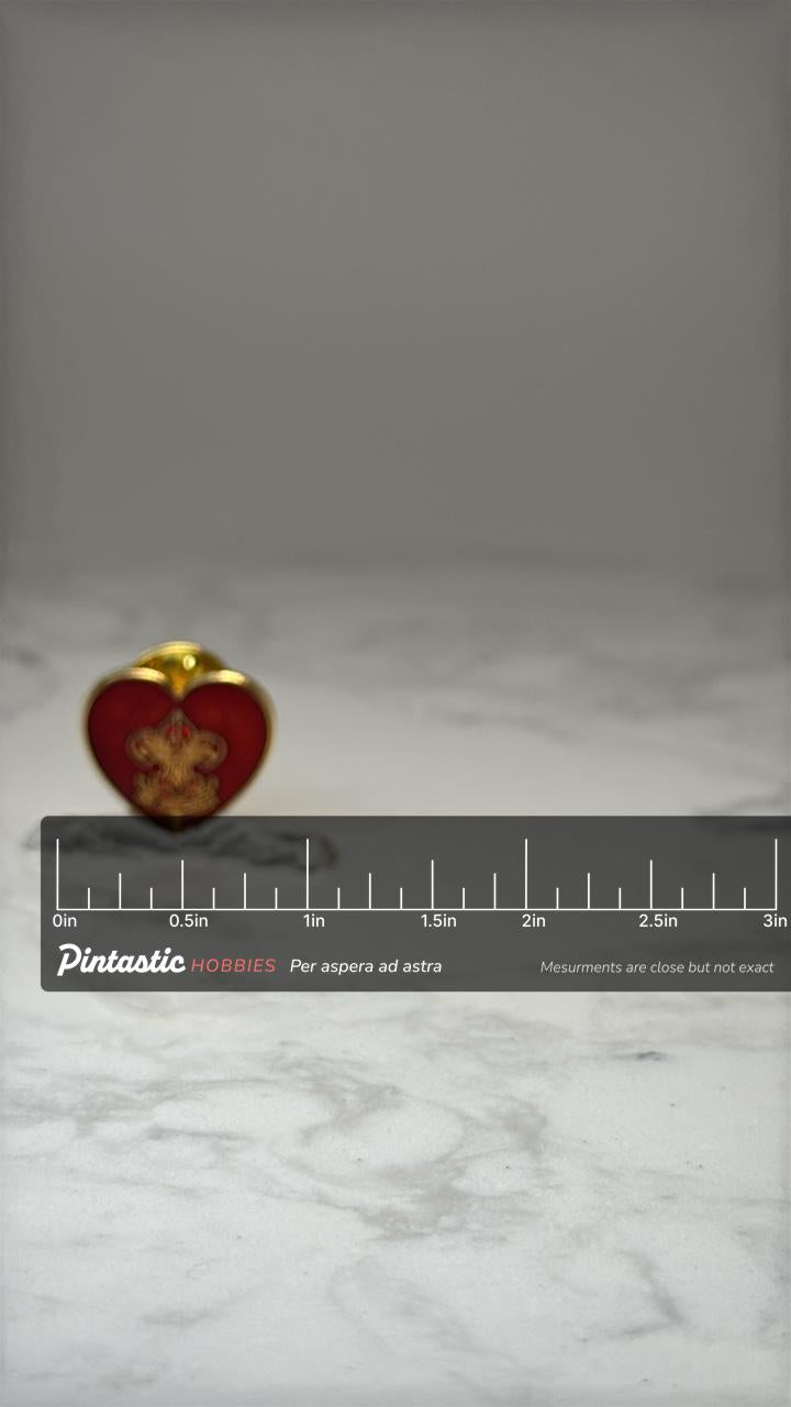 Boy Scouts Heart Lapel Pin: Red Enamel Gold Tone - BSA Motto with ruler overlay for size reference
