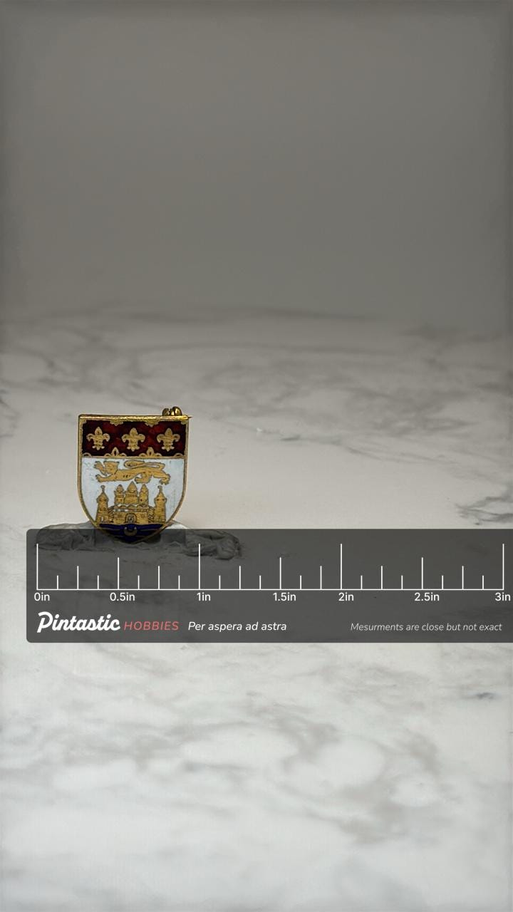 Vintage Heraldic Crest Shield Enamel Lapel Pin Gold Tone Lion Castle with ruler overlay for size reference