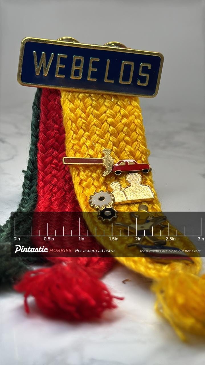 Webelos Scout Pin Set: Blue Enamel Gold Tone - Boy Scouts Accessory with ruler overlay for size reference