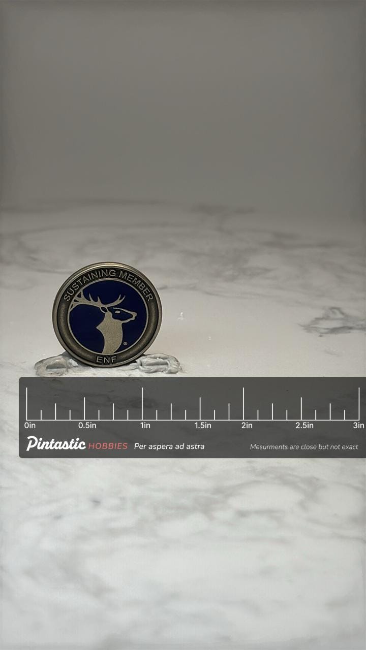Elk Foundation Sustaining Member Enamel Pin: Blue Silver - Wildlife with ruler overlay for size reference