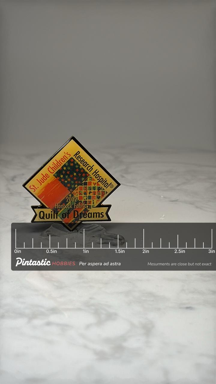 St Jude Quilt of Dreams Pin: Enamel Multi Color - 2002 Charity Accessory with ruler overlay for size reference