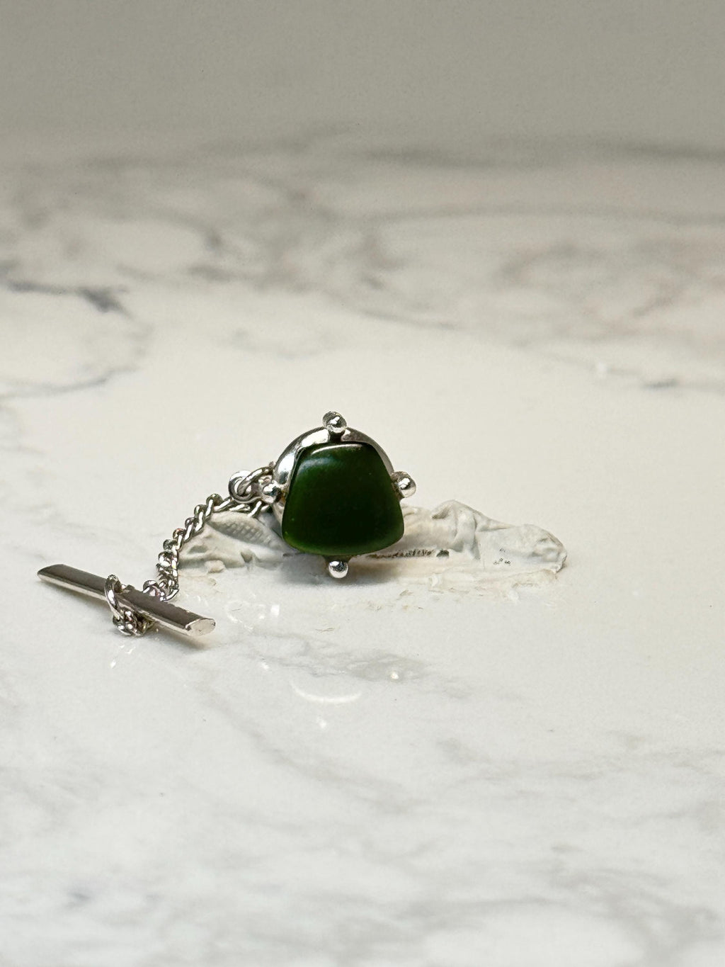 Vintage Green Green Lucite Tie Tack Silver Tone Mid Century Lapel Pin