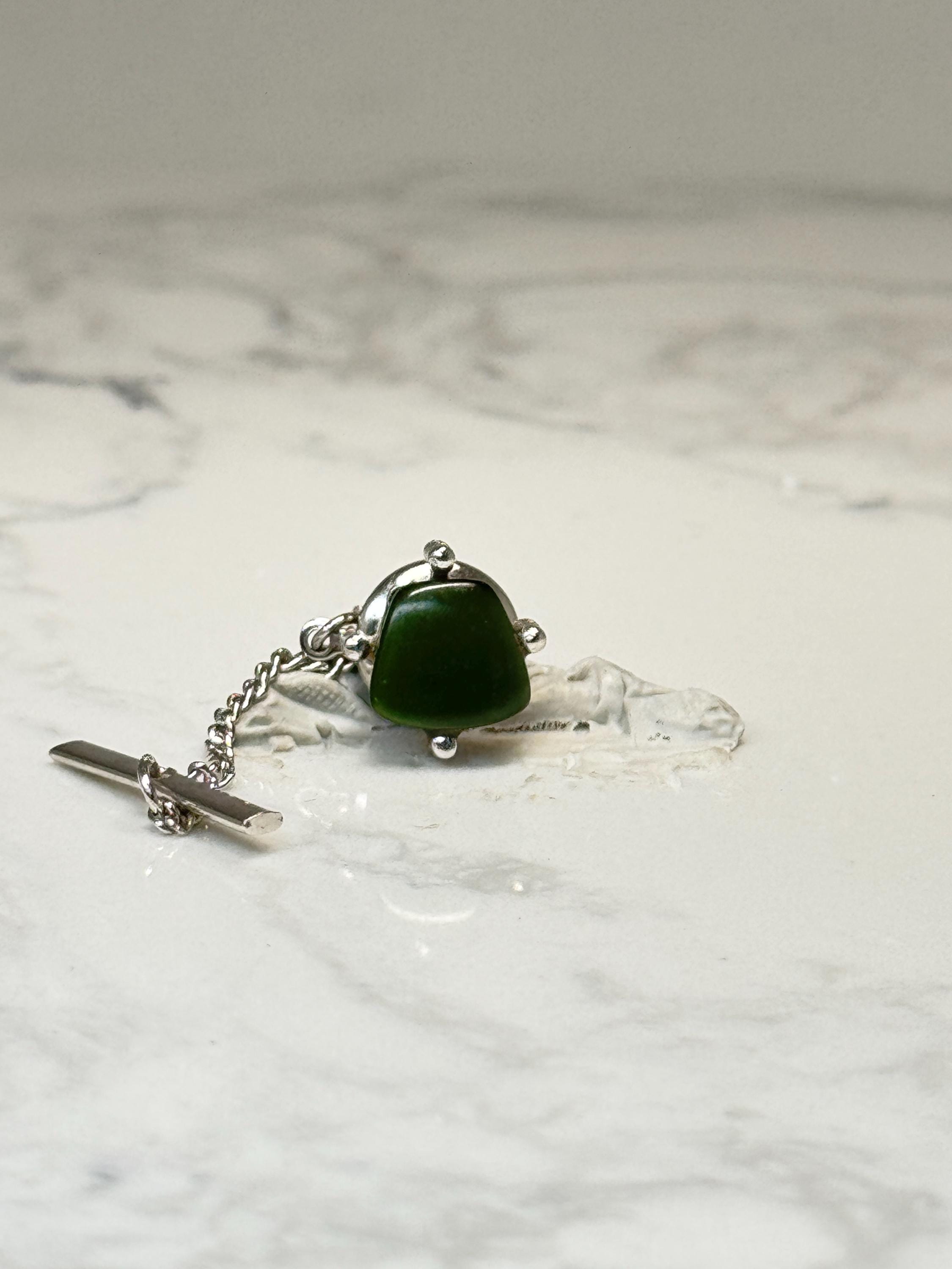 Vintage Green Green Lucite Tie Tack Silver Tone Mid Century Lapel Pin