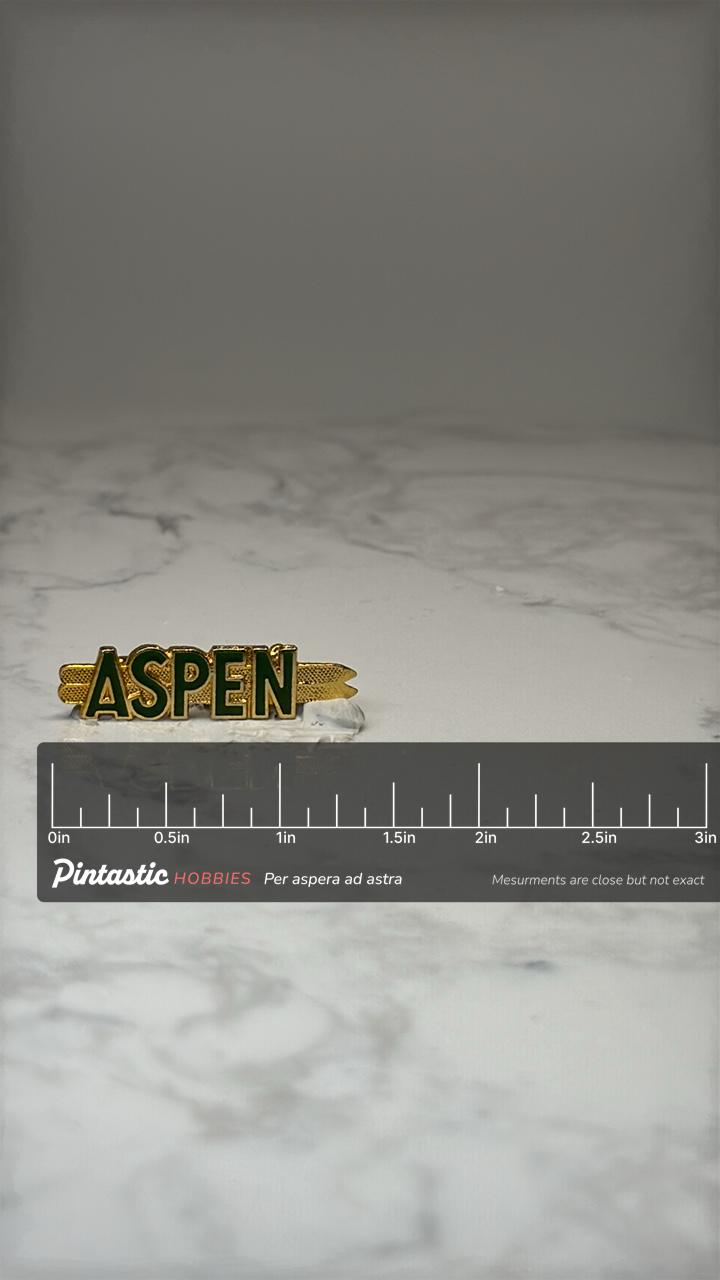 ASPEN Souvenir Lapel Pin: Green Enamel Gold Tone - Ski Resort Travel Accessory with ruler overlay for size reference