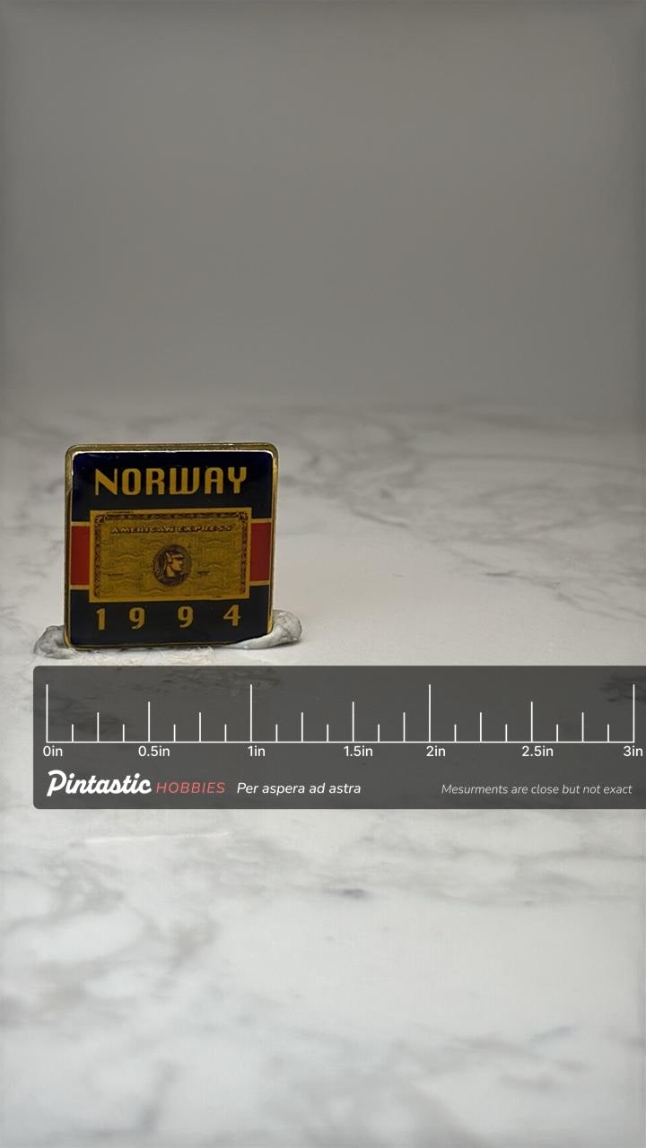 Norway 1994 American Express Pin: Gold Tone Enamel - Travel Souvenir with ruler overlay for size reference