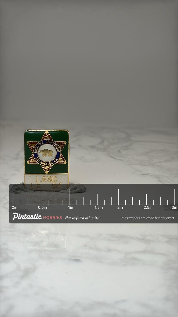 LASD LA 84 Enamel Pin: Green Gold Sheriff Star - 1984 Event with ruler overlay for size reference