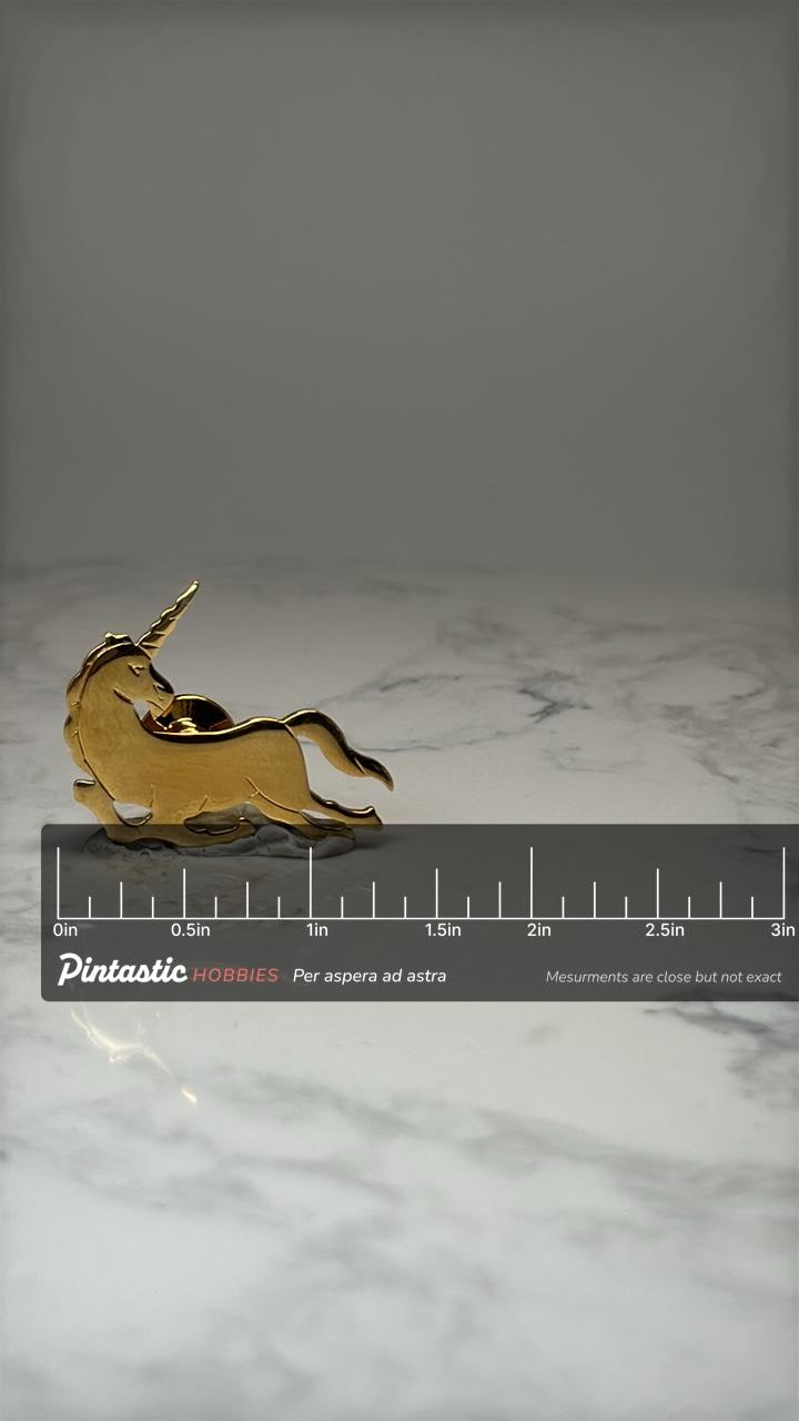 Unicorn Figural Lapel Pin: Gold Tone Running - Fantasy Accessory with ruler overlay for size reference