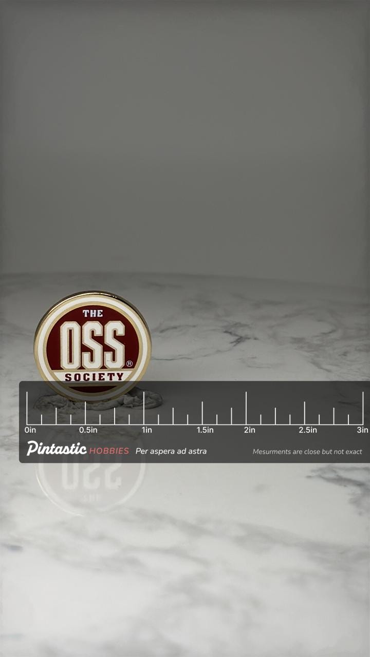 The OSS Society Lapel Pin: Red & Gold Enamel - Military Heritage Accessory with ruler overlay for size reference