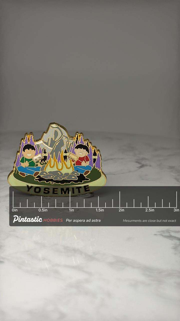 Yosemite National Park Souvenir Pin: Gold Tone Enamel - Camping Theme Accessory with ruler overlay for size reference
