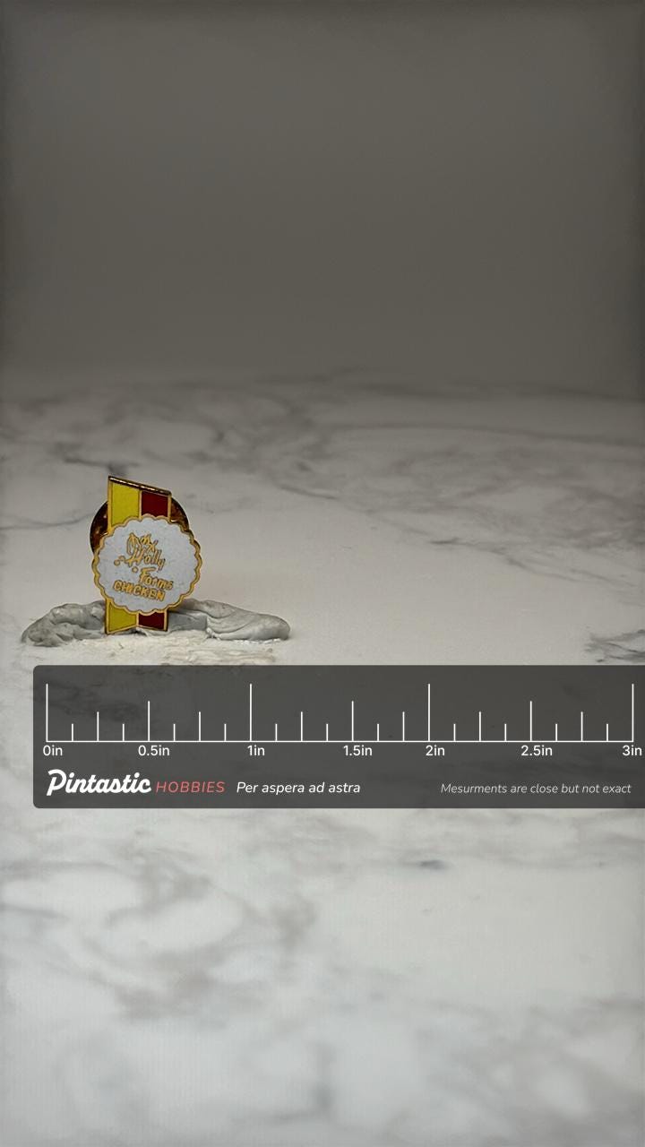 Vintage Holly Farms Chicken Advertising Lapel Pin Gold Tone Food Company Pin with ruler overlay for size reference